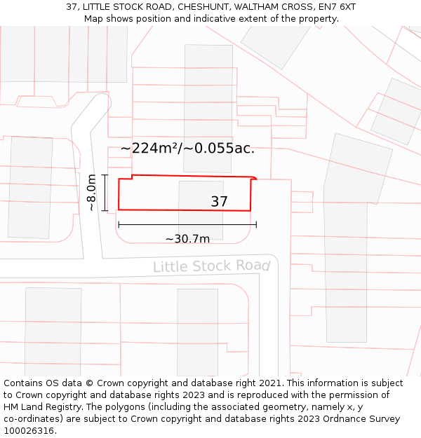 37, LITTLE STOCK ROAD, CHESHUNT, WALTHAM CROSS, EN7 6XT: Plot and title map