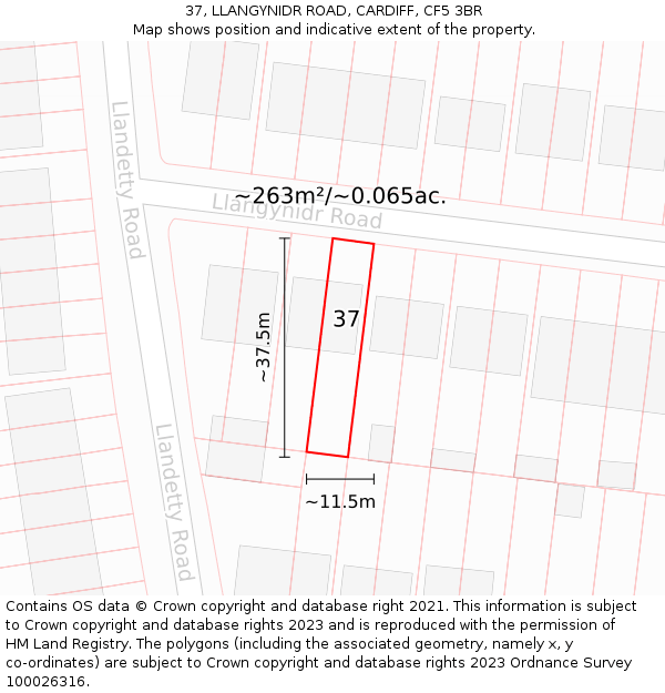 37, LLANGYNIDR ROAD, CARDIFF, CF5 3BR: Plot and title map