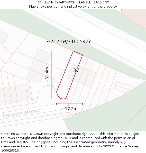 37, LLWYN CYFARTHWCH, LLANELLI, SA15 1GY: Plot and title map