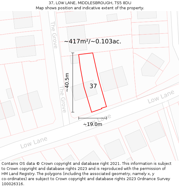 37, LOW LANE, MIDDLESBROUGH, TS5 8DU: Plot and title map