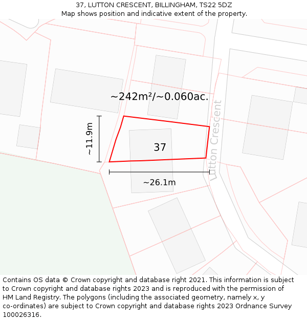 37, LUTTON CRESCENT, BILLINGHAM, TS22 5DZ: Plot and title map