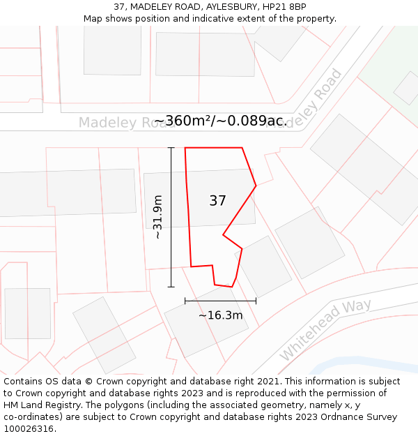 37, MADELEY ROAD, AYLESBURY, HP21 8BP: Plot and title map