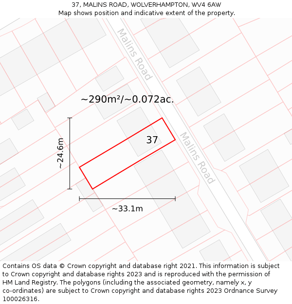 37, MALINS ROAD, WOLVERHAMPTON, WV4 6AW: Plot and title map