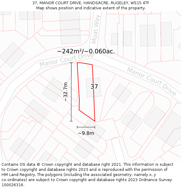 37, MANOR COURT DRIVE, HANDSACRE, RUGELEY, WS15 4TF: Plot and title map