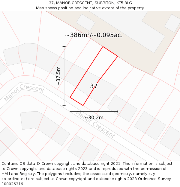37, MANOR CRESCENT, SURBITON, KT5 8LG: Plot and title map