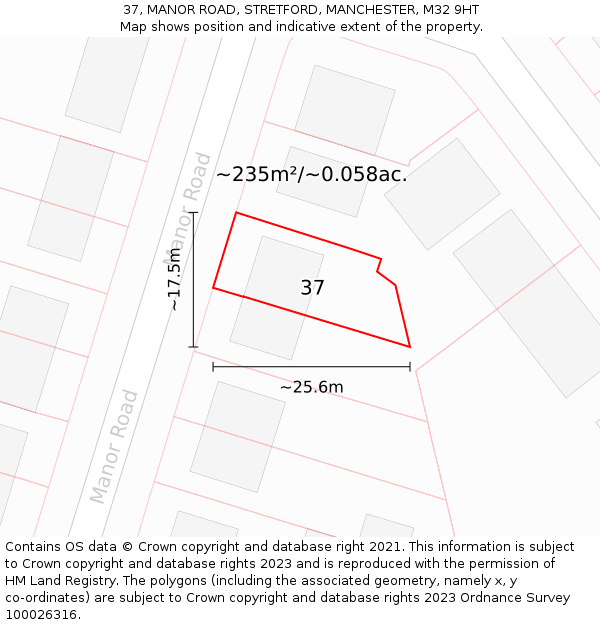 37, MANOR ROAD, STRETFORD, MANCHESTER, M32 9HT: Plot and title map