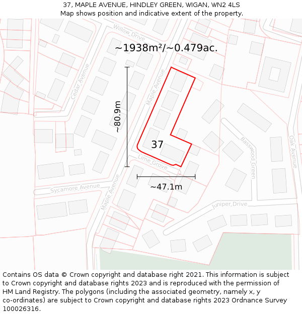 37, MAPLE AVENUE, HINDLEY GREEN, WIGAN, WN2 4LS: Plot and title map