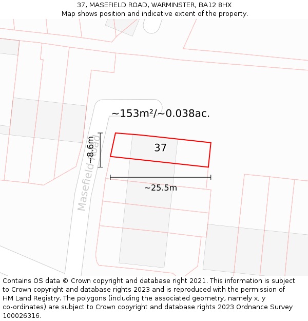 37, MASEFIELD ROAD, WARMINSTER, BA12 8HX: Plot and title map