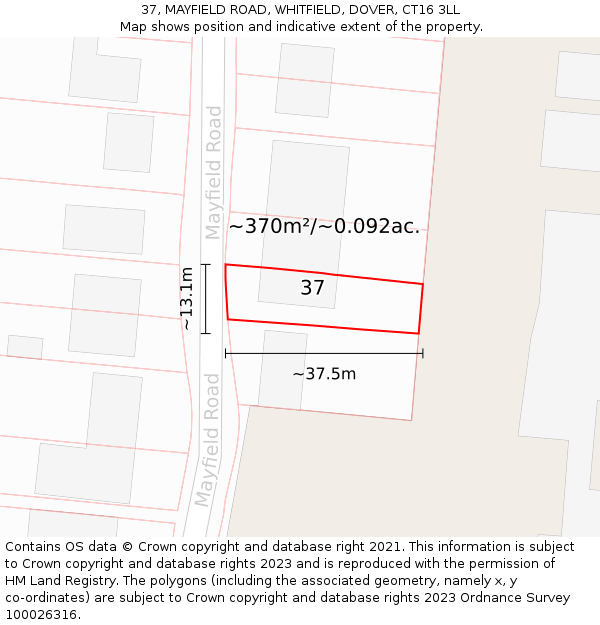 37, MAYFIELD ROAD, WHITFIELD, DOVER, CT16 3LL: Plot and title map