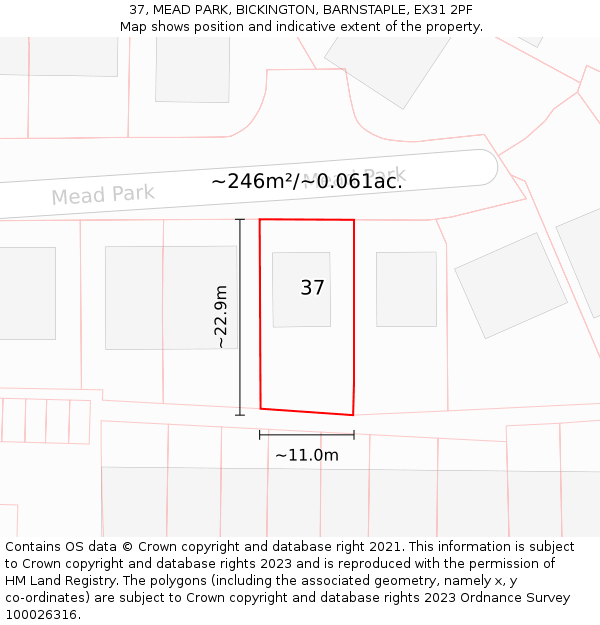 37, MEAD PARK, BICKINGTON, BARNSTAPLE, EX31 2PF: Plot and title map