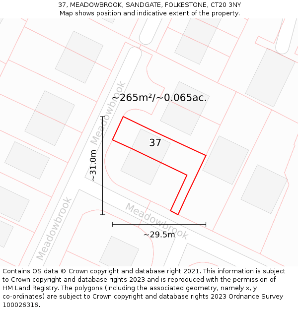 37, MEADOWBROOK, SANDGATE, FOLKESTONE, CT20 3NY: Plot and title map