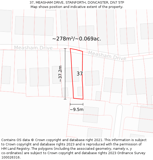 37, MEASHAM DRIVE, STAINFORTH, DONCASTER, DN7 5TP: Plot and title map