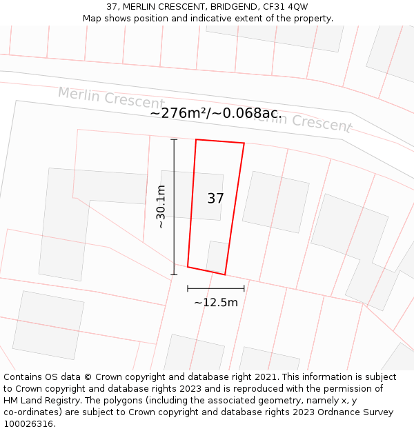 37, MERLIN CRESCENT, BRIDGEND, CF31 4QW: Plot and title map