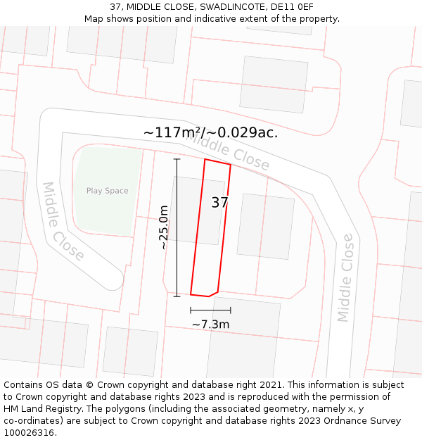 37, MIDDLE CLOSE, SWADLINCOTE, DE11 0EF: Plot and title map