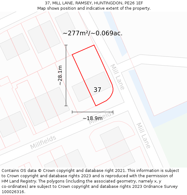 37, MILL LANE, RAMSEY, HUNTINGDON, PE26 1EF: Plot and title map