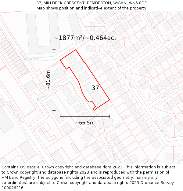 37, MILLBECK CRESCENT, PEMBERTON, WIGAN, WN5 8DD: Plot and title map