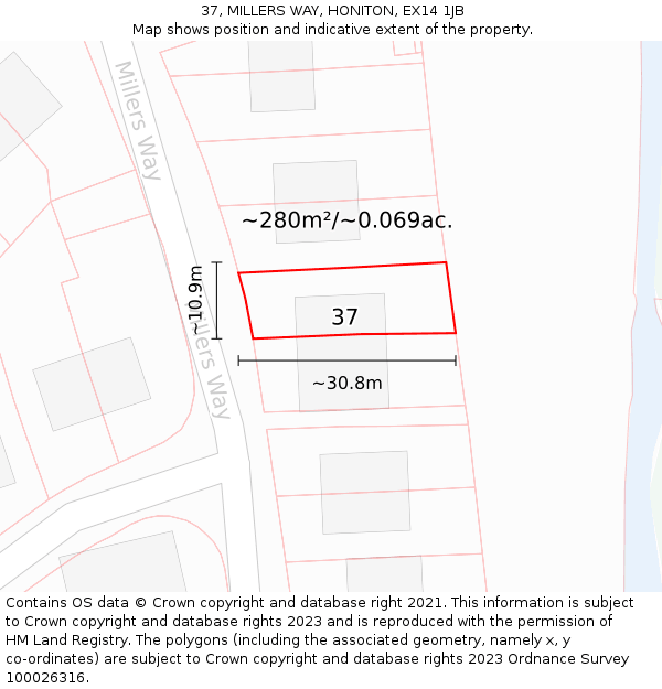 37, MILLERS WAY, HONITON, EX14 1JB: Plot and title map