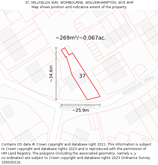 37, MILLFIELDS WAY, WOMBOURNE, WOLVERHAMPTON, WV5 8HP: Plot and title map