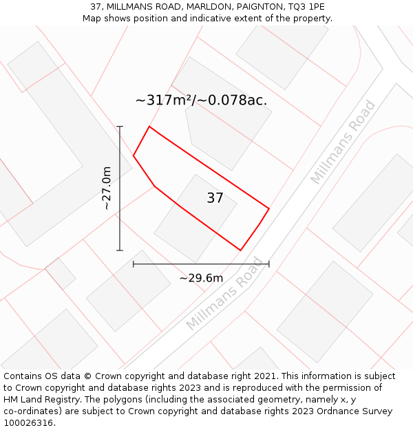 37, MILLMANS ROAD, MARLDON, PAIGNTON, TQ3 1PE: Plot and title map