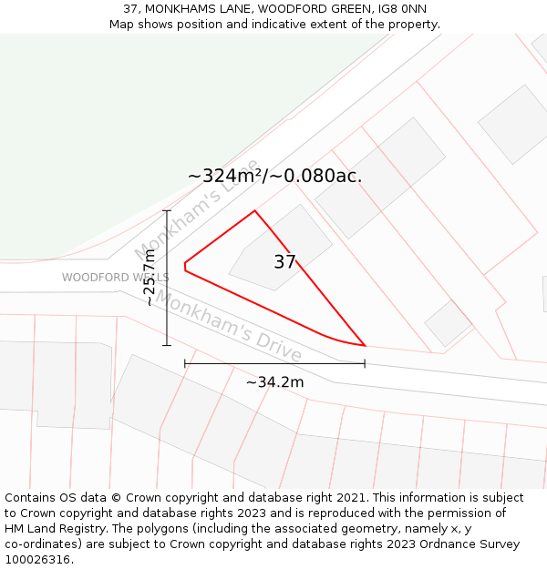37, MONKHAMS LANE, WOODFORD GREEN, IG8 0NN: Plot and title map
