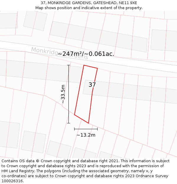 37, MONKRIDGE GARDENS, GATESHEAD, NE11 9XE: Plot and title map