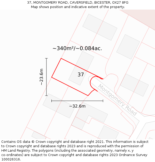 37, MONTGOMERY ROAD, CAVERSFIELD, BICESTER, OX27 8FG: Plot and title map