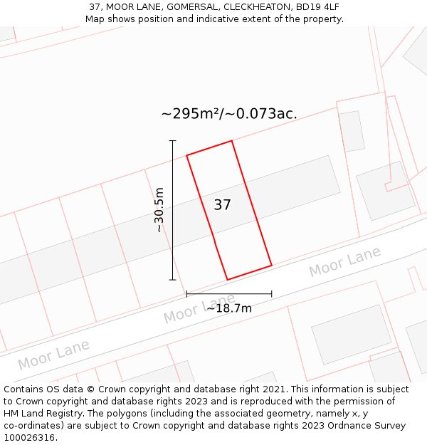 37, MOOR LANE, GOMERSAL, CLECKHEATON, BD19 4LF: Plot and title map
