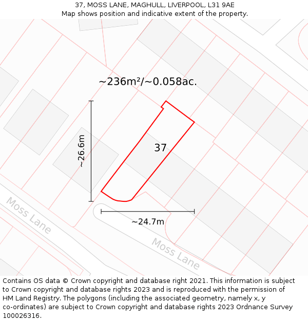 37, MOSS LANE, MAGHULL, LIVERPOOL, L31 9AE: Plot and title map