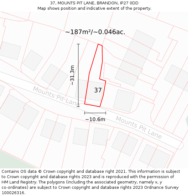 37, MOUNTS PIT LANE, BRANDON, IP27 0DD: Plot and title map