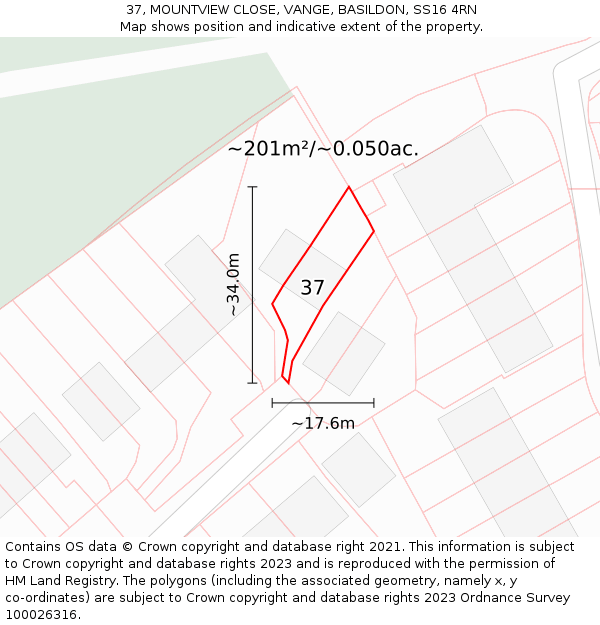 37, MOUNTVIEW CLOSE, VANGE, BASILDON, SS16 4RN: Plot and title map