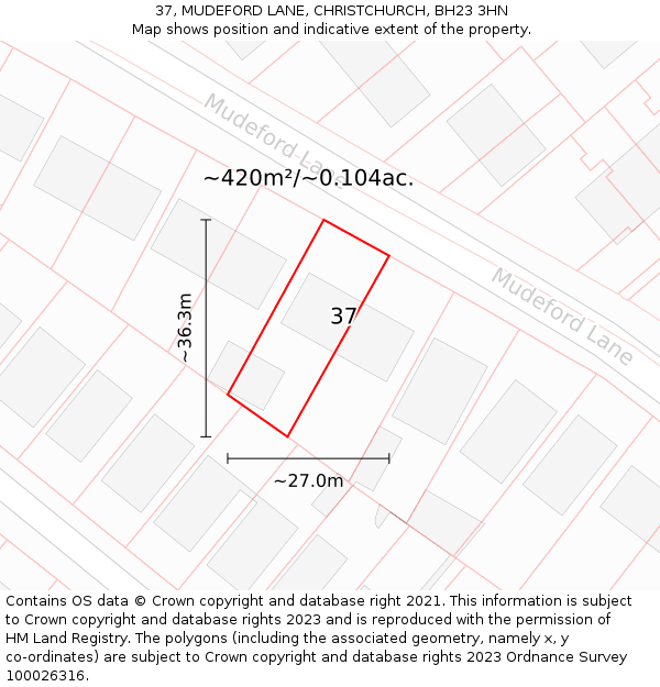 37, MUDEFORD LANE, CHRISTCHURCH, BH23 3HN: Plot and title map