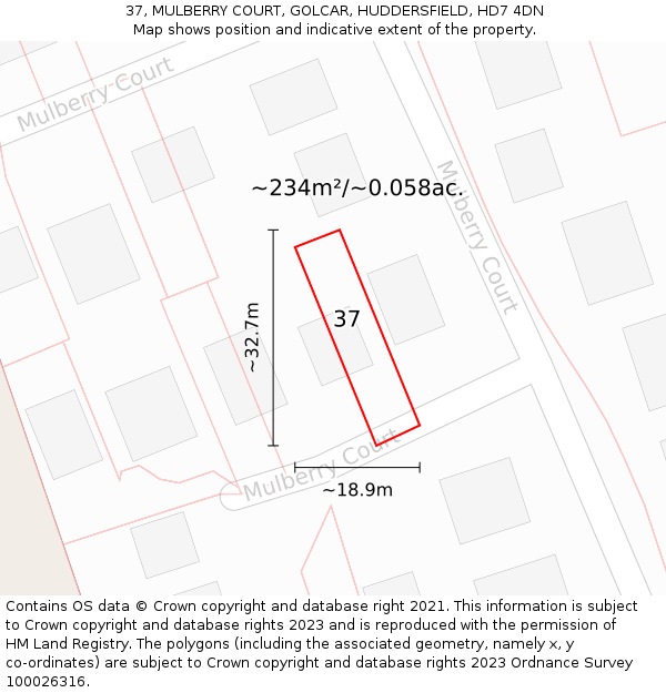 37, MULBERRY COURT, GOLCAR, HUDDERSFIELD, HD7 4DN: Plot and title map