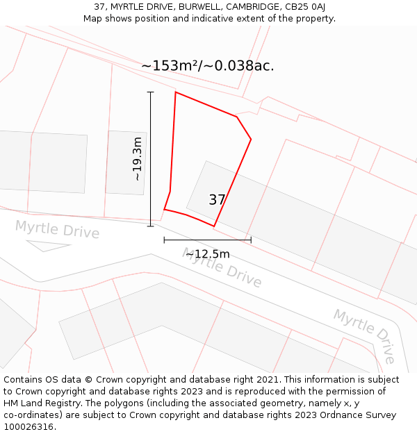 37, MYRTLE DRIVE, BURWELL, CAMBRIDGE, CB25 0AJ: Plot and title map