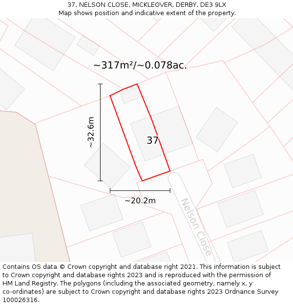 37, NELSON CLOSE, MICKLEOVER, DERBY, DE3 9LX: Plot and title map