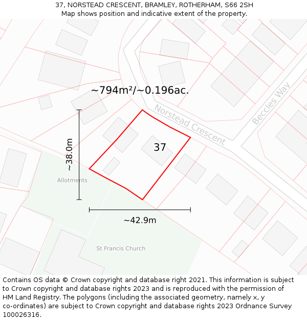37, NORSTEAD CRESCENT, BRAMLEY, ROTHERHAM, S66 2SH: Plot and title map