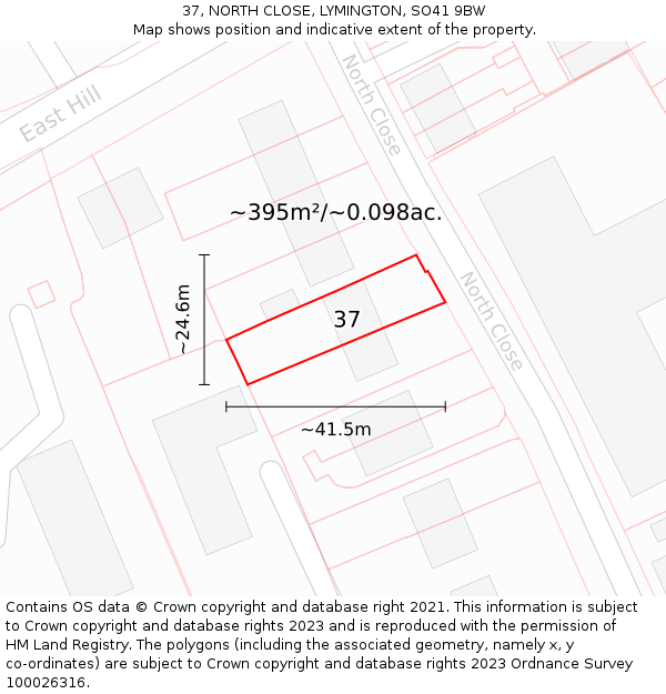 37, NORTH CLOSE, LYMINGTON, SO41 9BW: Plot and title map