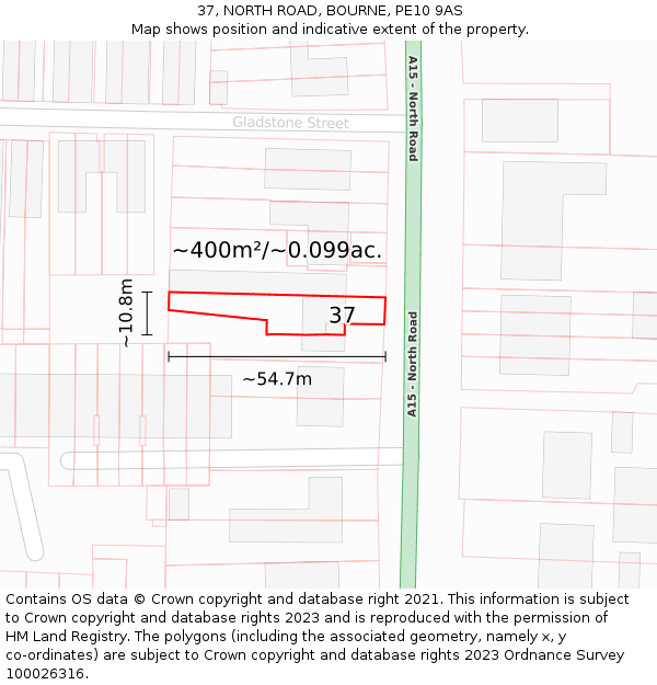 37, NORTH ROAD, BOURNE, PE10 9AS: Plot and title map