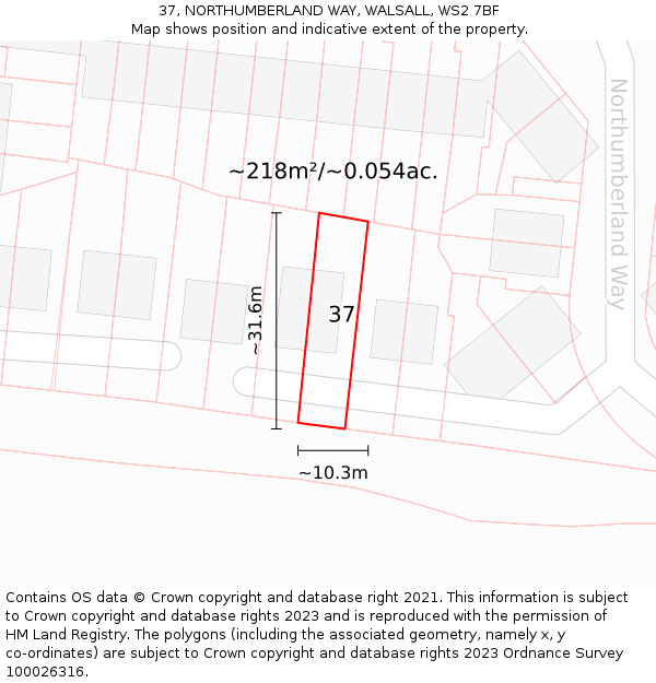 37, NORTHUMBERLAND WAY, WALSALL, WS2 7BF: Plot and title map