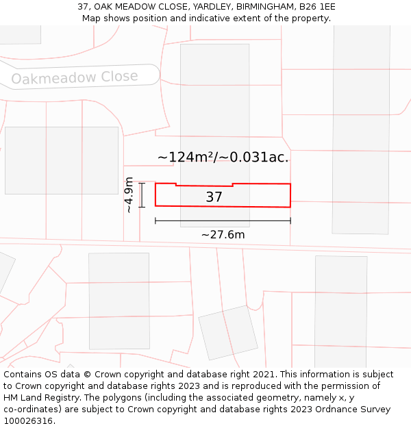 37, OAK MEADOW CLOSE, YARDLEY, BIRMINGHAM, B26 1EE: Plot and title map