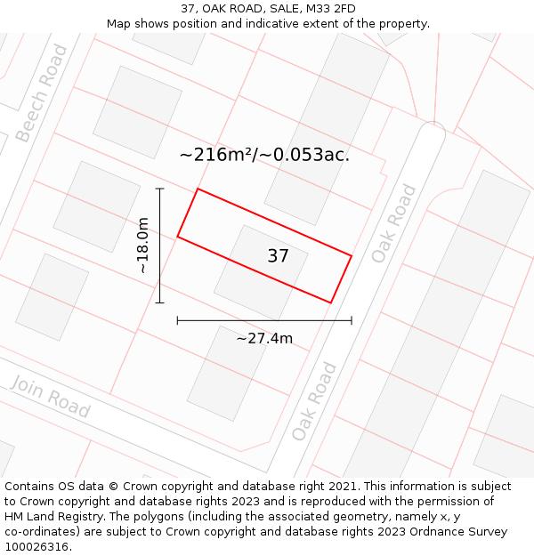 37, OAK ROAD, SALE, M33 2FD: Plot and title map