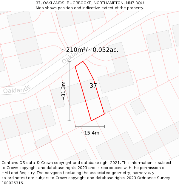 37, OAKLANDS, BUGBROOKE, NORTHAMPTON, NN7 3QU: Plot and title map
