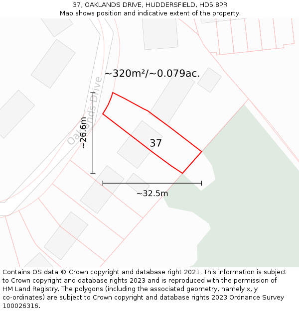 37, OAKLANDS DRIVE, HUDDERSFIELD, HD5 8PR: Plot and title map