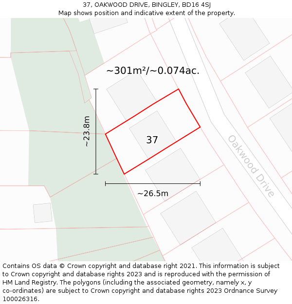37, OAKWOOD DRIVE, BINGLEY, BD16 4SJ: Plot and title map