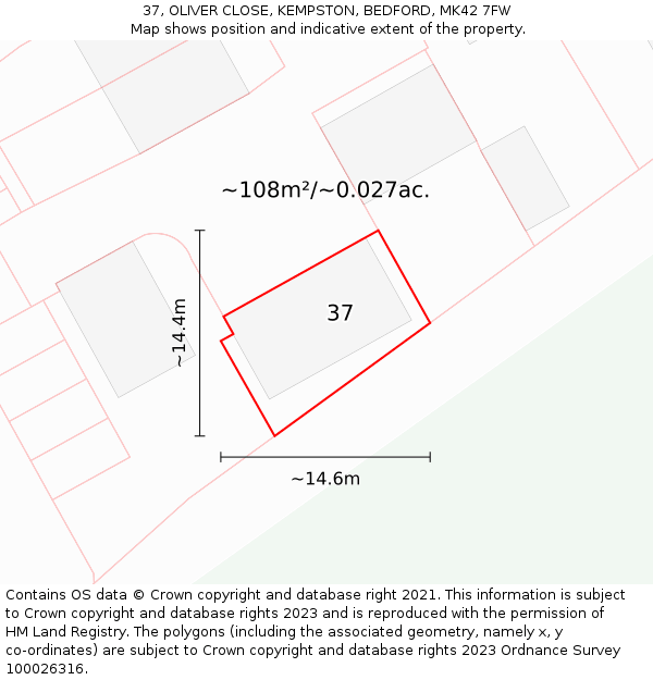 37, OLIVER CLOSE, KEMPSTON, BEDFORD, MK42 7FW: Plot and title map