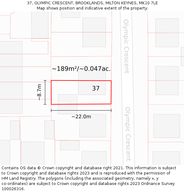 37, OLYMPIC CRESCENT, BROOKLANDS, MILTON KEYNES, MK10 7LE: Plot and title map