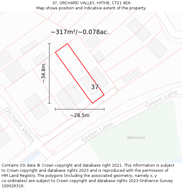 37, ORCHARD VALLEY, HYTHE, CT21 4EA: Plot and title map