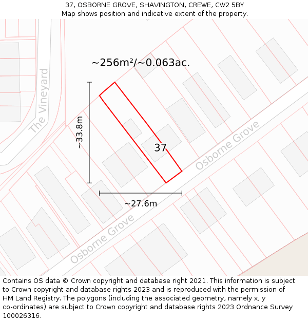 37, OSBORNE GROVE, SHAVINGTON, CREWE, CW2 5BY: Plot and title map