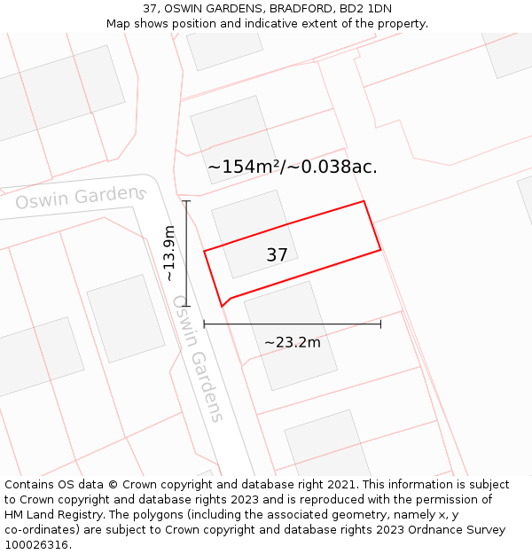 37, OSWIN GARDENS, BRADFORD, BD2 1DN: Plot and title map