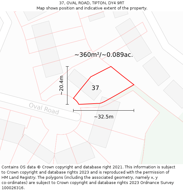 37, OVAL ROAD, TIPTON, DY4 9RT: Plot and title map
