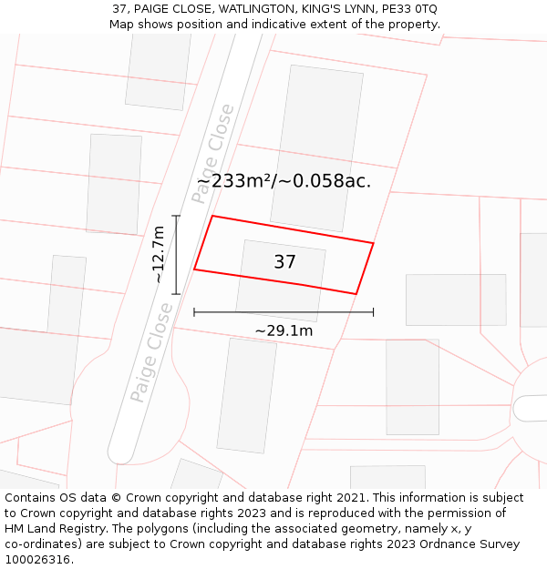 37, PAIGE CLOSE, WATLINGTON, KING'S LYNN, PE33 0TQ: Plot and title map